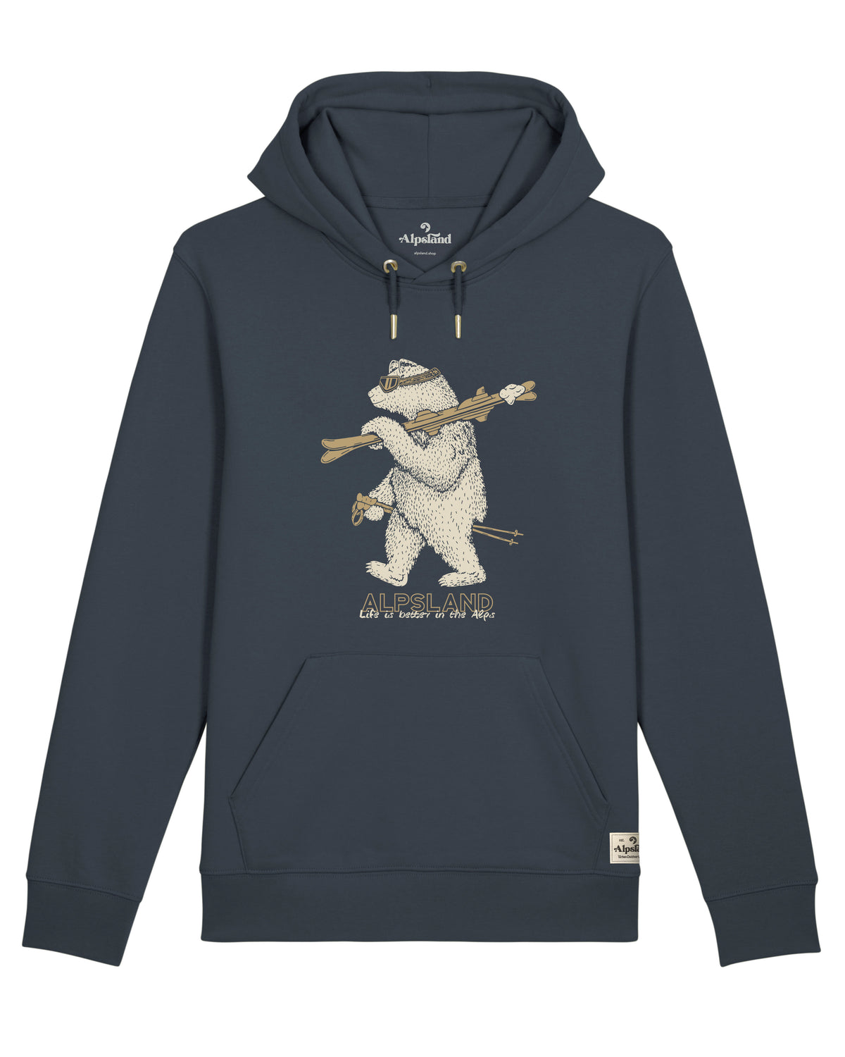 Bär mit Ski Unisex Bio Hoodie – Alpsland – Skifahren, Bär, Winter, Alpen, Humor