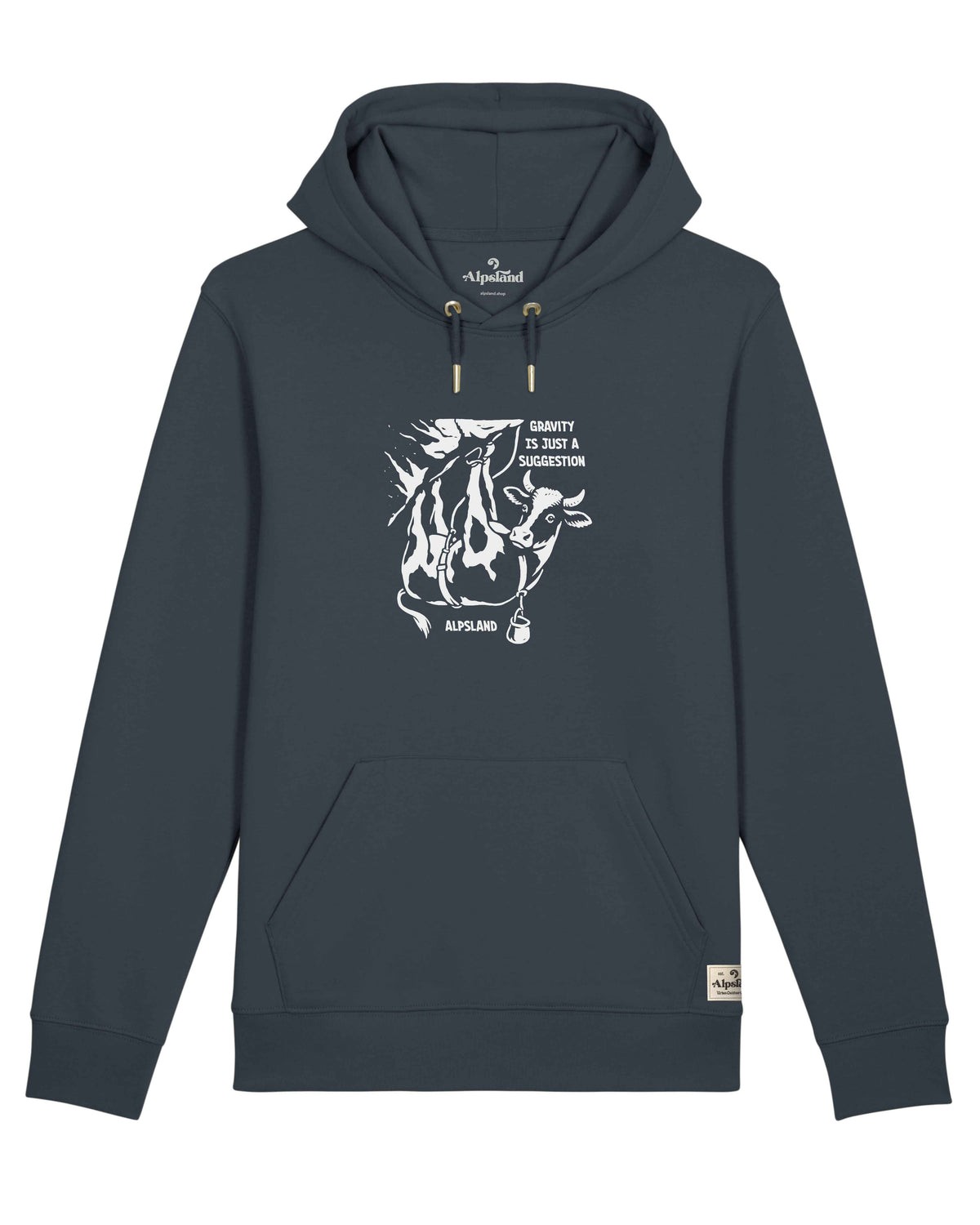 Alpenkuh Gravity Unisex Hoodie – Alpsland – Wandern, Kuh, Berge, Humor, Alpen