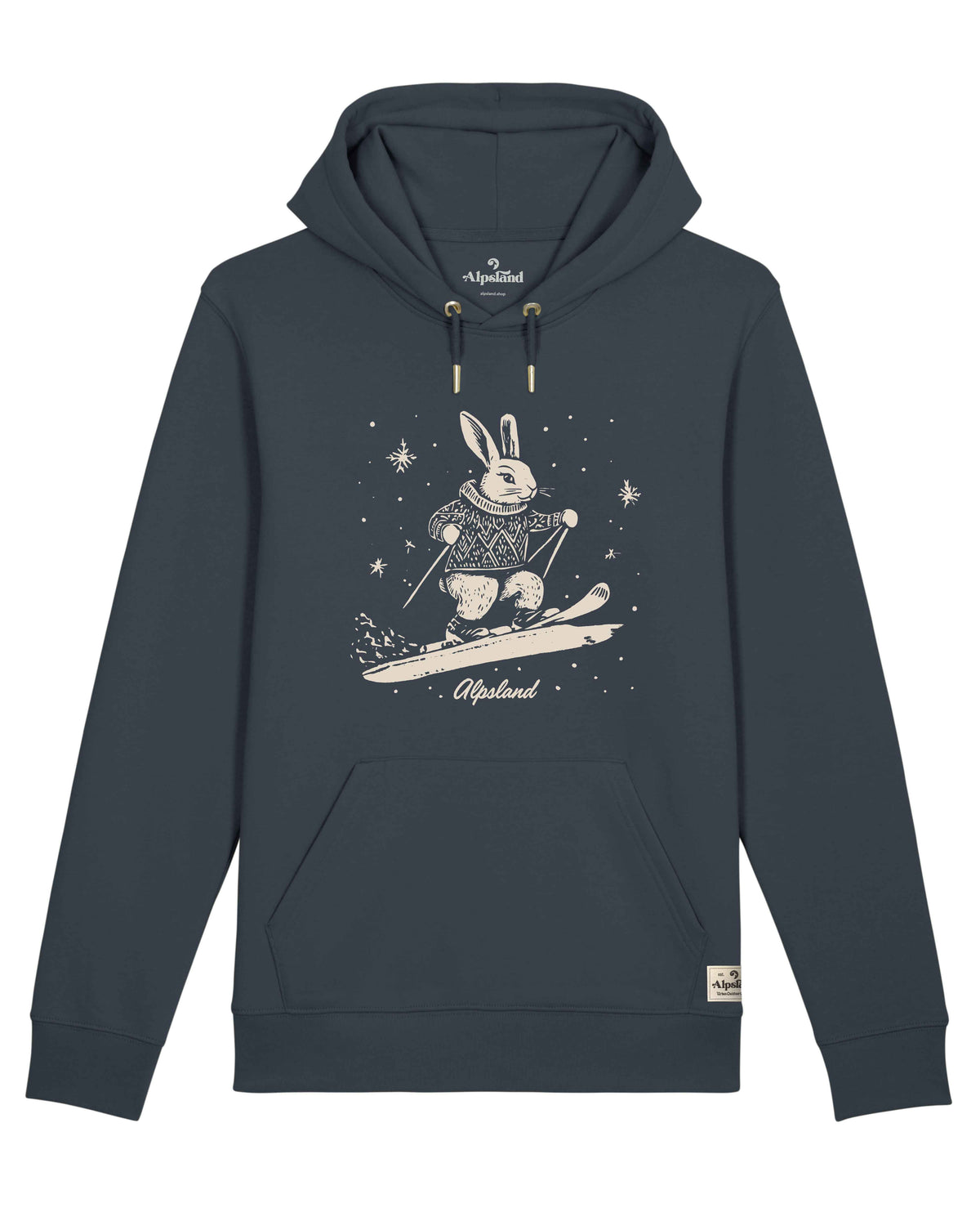 Hase auf Skiern Unisex Bio Hoodie – Alpsland – Skifahren, Hase, Winter, Alpen