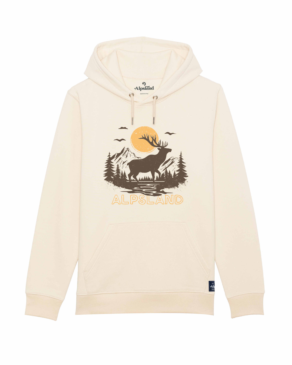 Hirsch im Sonnenuntergang Unisex Bio Hoodie – Alpsland – Wandern, Hirsch, Berge, Alpen