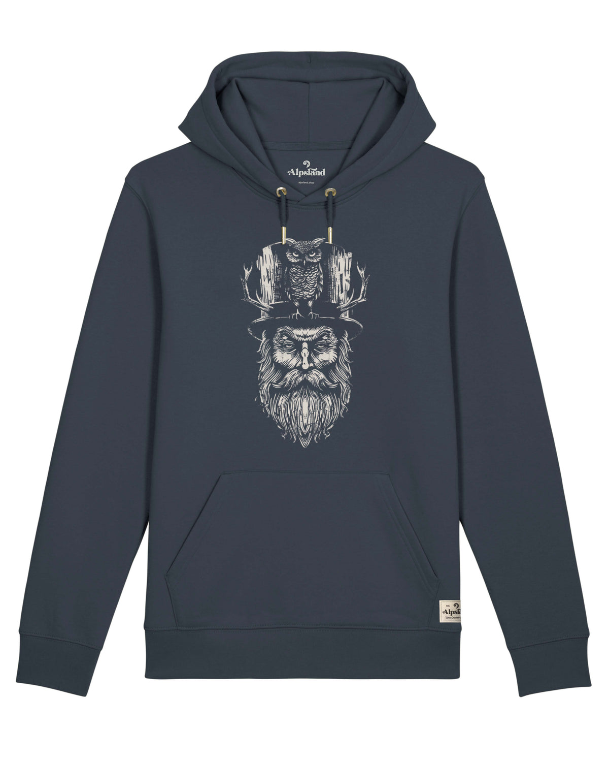 Mann mit Eule Unisex Bio Hoodie – Alpsland – Wandern, Eule, Natur, Alpen