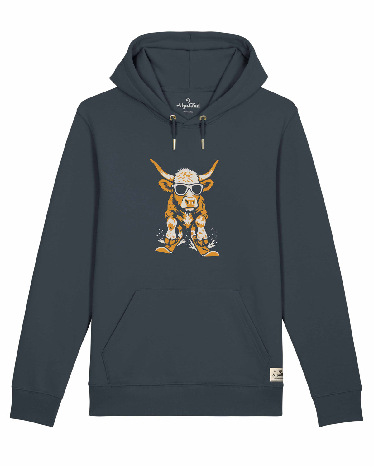 Skikuh Unisex Bio Hoodie – Alpsland – Skifahren, Kuh, Winter, Humor, Alpen