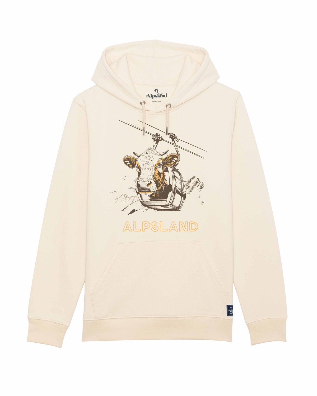 Kuh in Gondelbahn Unisex Bio Hoodie – Alpsland – Ski, Kuh, Gondelbahn, Humor, Alpen