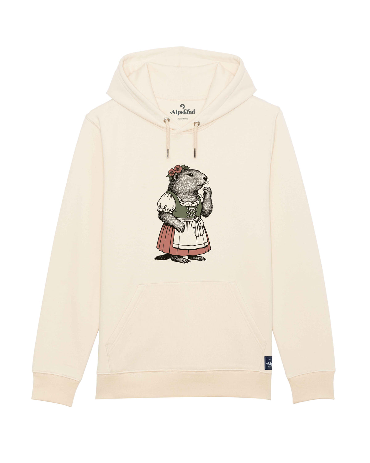 Alpen-Murmeltier im Dirndl Unisex Hoodie – Alpsland – Murmeltier, Dirndl, Alpen