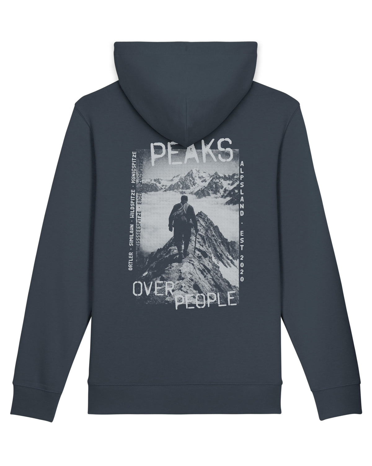 Peaks over People Unisex Organic Hoodie India Ink – Rückseite