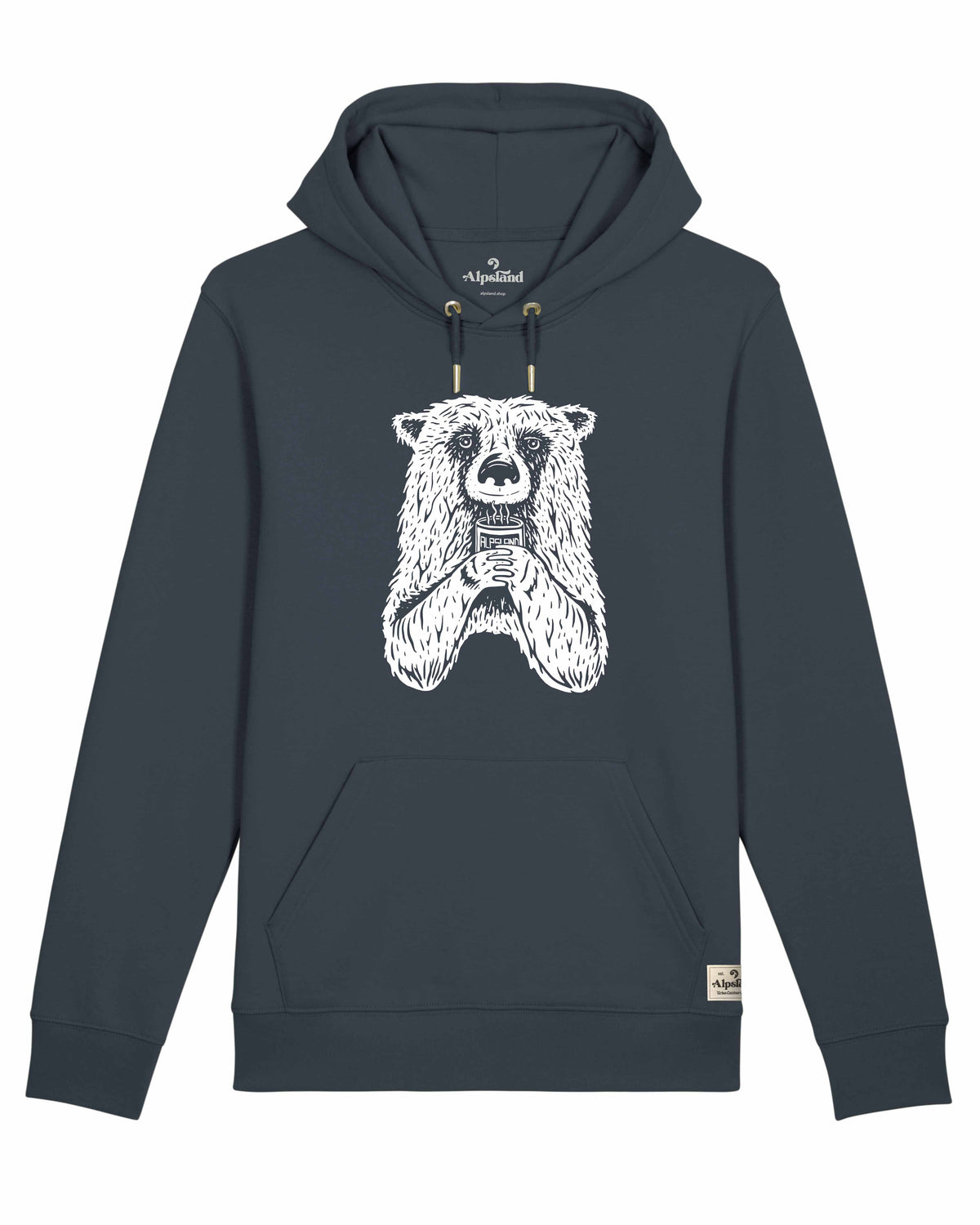Bär But first Coffee Unisex Bio Hoodie – Alpsland – Kaffee, Wandern, Bär, Alpen