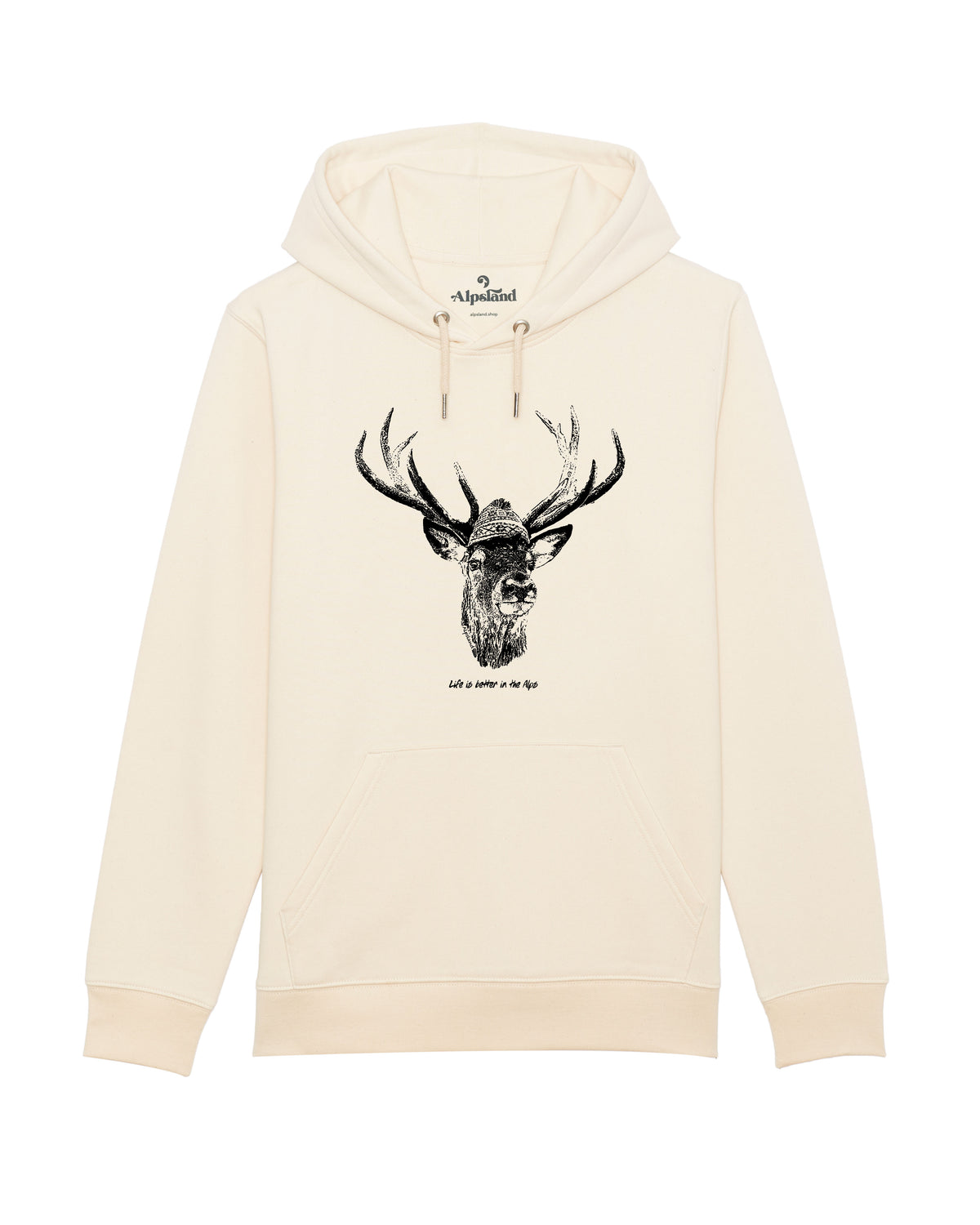 Hirsch mit Mütze Unisex Bio Hoodie – Alpsland – Wandern, Hirsch, Berge, Winter