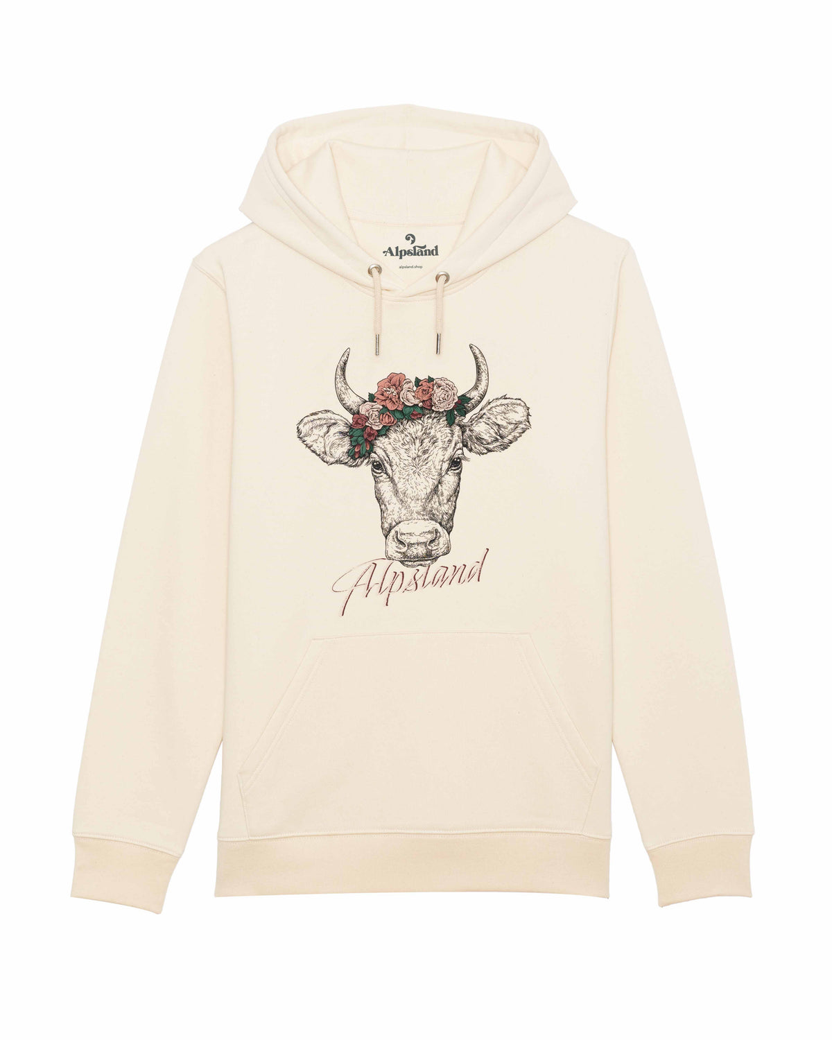 Alpenstyle Kuh Unisex Bio Hoodie – Alpsland – Wandern, Berge, Kuh, Blumen